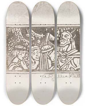 Triptych art skateboard deck of Akseli Gallenkallela Korukalevala The Illustrated Kalevala Poem Xi Sketch by Akseli Gallen Kallela (1865-1931)