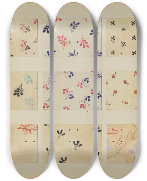 Triptych art skateboard deck of Edith Magnette Printed Quilt Patches by Edith Magnette (20-)