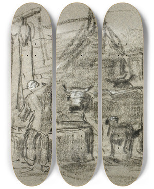 Triptych art skateboard deck of Constant Troyon Farmyard With Man And Cattle by Constant Troyon (1810-1865)