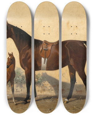 Triptych art skateboard deck of Emil Volkers A Bay Horse With Foal by Emil Volkers (1831-1905)