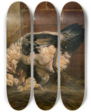 Triptych art skateboard deck of Charles Verlat Hen With Chicken by Charles Verlat (1824-1890)