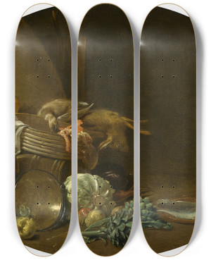 Triptych art skateboard deck of Jan Olis A Kitchen Still Life Of Ahare A Mallardartichokes Cabbage Pears A Fish On An Earthenware Platter And Pots And Pans by Jan Olis (1610-1676)