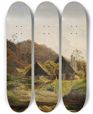 Triptych art skateboard deck of Ferdinand Georg Waldmller Landschaft Mit Hammerschmiede by Ferdinand Georg Waldmuller (1793-1865)