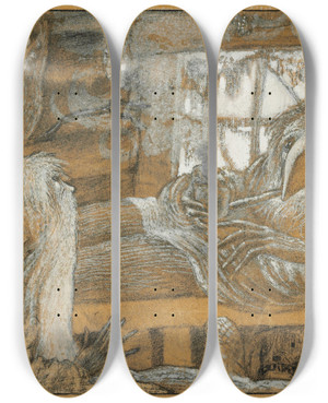 Triptych art skateboard deck of Sergey Chekhonin The Peasant And The Domovoy by Sergey Chekhonin (1878-1936)