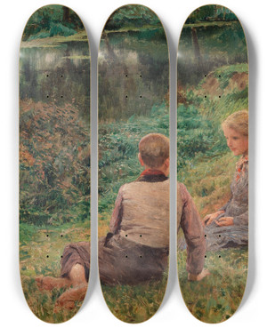 Triptych art skateboard deck of Emile Claus Children In A Landscape by Emile Claus (1849-1924)