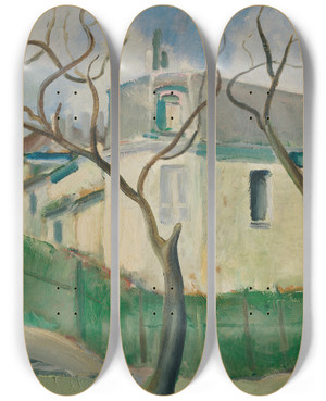 Triptych art skateboard deck of Cyprin Majernk Villa In The Garden by Cyprian Majernik (1909-1945)