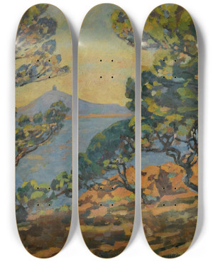 Triptych art skateboard deck of Armand Guillaumin La Baie Dagay Et Le Smaphore by Armand Guillaumin (1841-1927)