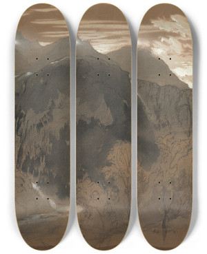 Triptych art skateboard deck of John Ruskin Mountainous Landscape_1 by John Ruskin (1819-1900)