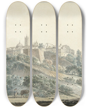 Triptych art skateboard deck of Danil Dupr Gezicht Op Siena by Daniel Dupre (1751-1817)