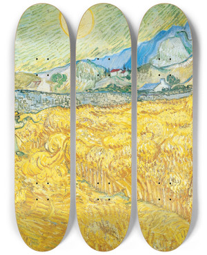 Triptych art skateboard deck of Vincent Van Gogh Wheat Field Behind Saintpaul Hospital With A Reaper by Vincent van Gogh (1853-1890)