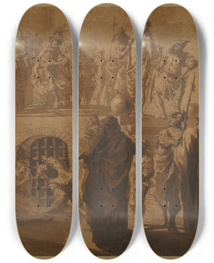 Triptych art skateboard deck of Nicolaus Knpfer Christ Before Pilate by Nicolaus Knupfer (1603-1655)