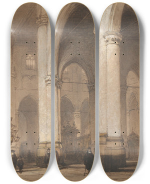Triptych art skateboard deck of Johannes Bosboom Gezicht In De Stlaurenskerk Te Rotterdam by Johannes Bosboom (1817-1891)