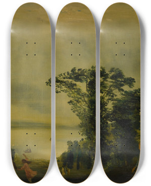 Triptych art skateboard deck of Arthur Bowen Davies Our River Hudson by Arthur Bowen Davies (1862-1928)