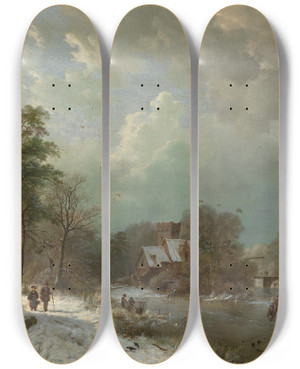 Triptych art skateboard deck of Barend Cornelis Koekkoek Winter Landscape Holland by Barend Cornelis Koekkoek (1803-1862)