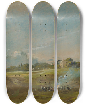 Triptych art skateboard deck of John Constable Hampstead Heath With A Bonfire by John Constable (1776-1837)