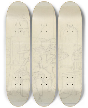 Triptych art skateboard deck of Alexander Hugo Bakker Korff Middeleeuws Atelier Met Schilder En Zijn Helpers by Alexander Hugo Bakker Korff (1824-1882)