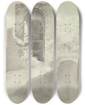 Triptych art skateboard deck of Christian Georg Schtz The Younger Blick In Die Hohe Fensterffnung Eines Turmes Ruine Hohenstein Bei Bad Schwalbach by Christian Georg Schutz The Younger (1758-1823)