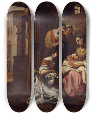 Triptych art skateboard deck of Antoni Viladomat Birth Of Saint Francis by Antoni Viladomat (1678-1755)