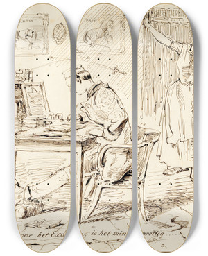Triptych art skateboard deck of Pieter Van Loon Karik Student Voor Het Examen by Pieter Van Loon (1801-1873)