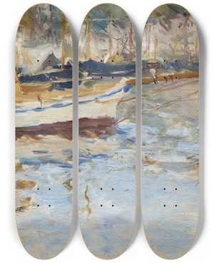 Triptych art skateboard deck of Berthe Morisot The Port Of Nice by Berthe Morisot (1841-1895)