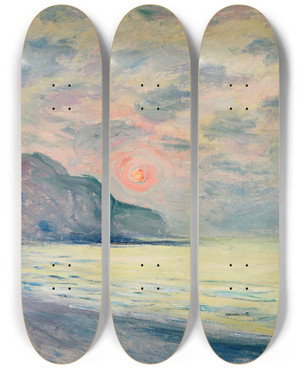 Triptych art skateboard deck of Claude Monet Soleil Couchant Temps Brumeux Pourville by Claude Monet (1840-1926)