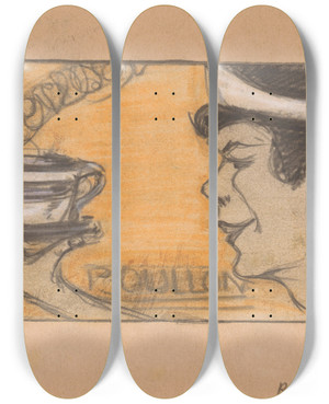 Triptych art skateboard deck of Reinier Willem Petrus De Vries Vrouw Met Een Mok Bouillon by Reinier Willem Petrus De Vries (1874-1952)