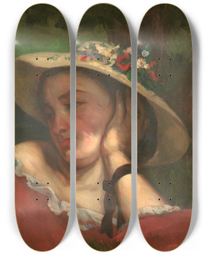 Triptych art skateboard deck of Gustave Courbet Young Ladies On The Bank Of The Seine Fragment Of A Painting Woman With Flowers On Her Hat by Gustave Courbet (1819-1877)