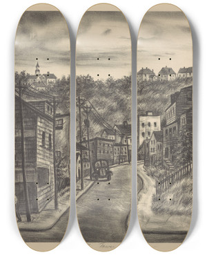 Triptych art skateboard deck of Saul Kovner Small Town Harlem by Saul Kovner (1904-1981)
