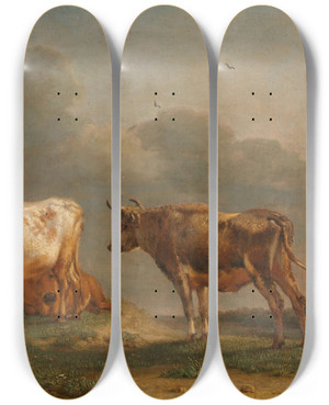Triptych art skateboard deck of Paulus Potter Four Young Bulls In A Meadow by Paulus Potter (1625-1654)