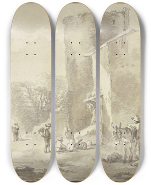 Triptych art skateboard deck of Johann Georg Wagner Haus An Einem Verfallenen Turm Und Gruppen Von Rastenden Figuren by Johann Georg Wagner (1732-1767)
