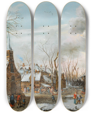 Triptych art skateboard deck of Salomon Rombouts A Winter Landscape With A Market Scene by Salomon Rombouts (1655-1702)