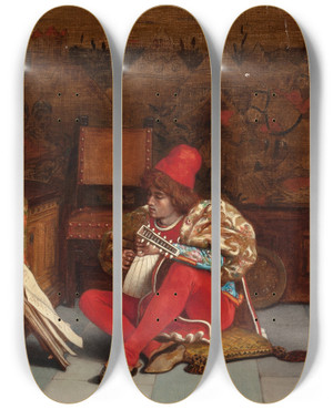 Triptych art skateboard deck of Charles Caryl Coleman Boy With Lute by Charles Caryl Coleman (1840-1928)