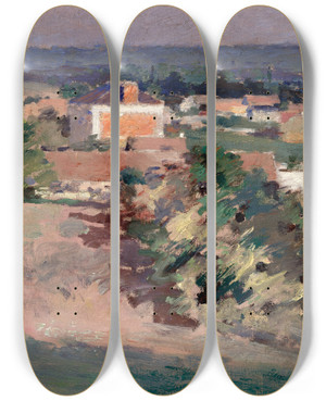 Triptych art skateboard deck of Theodore Robinson The Redhouse by Theodore Robinson (1852-1896)