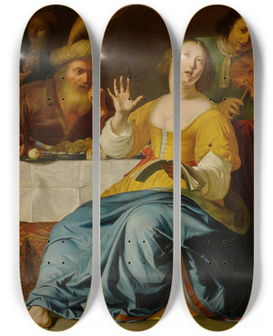 Triptych art skateboard deck of Aelbert Jansz Van Der Schoor Musical Partybefore A Laid Table With A Landscape Through A Doorway Beyond by Aelbert Jansz. van der Schoor (1603-1672)