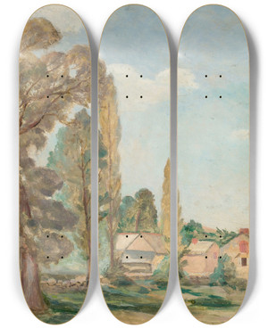 Triptych art skateboard deck of Tadeusz Makowski Krajobraz Wiejski Z Drzewami by Tadeusz Makowski (1882-1932)