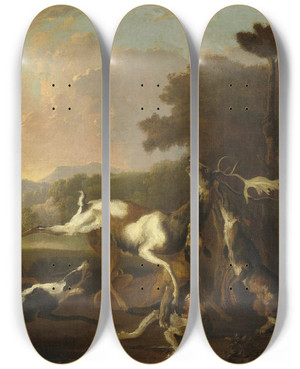 Triptych art skateboard deck of Abraham Hondius The Deer Hunt by Abraham Hondius (1625-1695)
