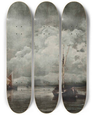 Triptych art skateboard deck of Hendrick Jacobsz Dubbels Hoys In A Calm by Hendrick Jacobsz Dubbels (1621-1707)