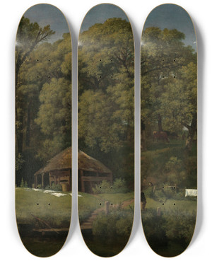 Triptych art skateboard deck of Wouter Johannes Van Troostwijk A Barn On The Bank Of A Stream In Gelderland by Wouter Johannes Van Troostwijk (1782-1810)