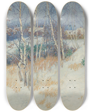 Triptych art skateboard deck of John Leslie Breck Stand Of Birch Trees In Winter by John Leslie Breck (1860-1899)