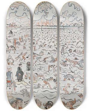 Triptych art skateboard deck of James Ensor The Beach At Ostende by James Ensor (1860-1949)