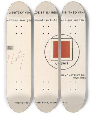 Triptych art skateboard deck of El Lissitzky Suprematisch Worden Van Twee Kwa Dra Ten In 6 Konstrukties Pl 11 by El Lissitzky (1890-1941)