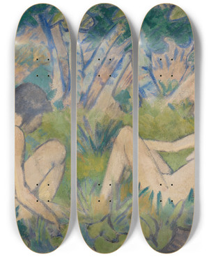 Triptych art skateboard deck of Otto Mueller Zwei Mdchen Im Walde by Otto Mueller (1874-1930)
