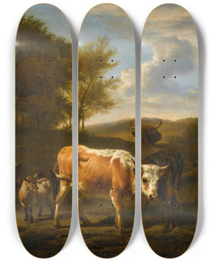 Triptych art skateboard deck of Adriaen Van De Velde Mountainous Landscape With Cows by Adriaen van de Velde (1636-1672)
