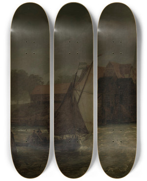 Triptych art skateboard deck of Andreas Achenbach Boats On A Canal Moonlight_2 by Andreas Achenbach (1815-1910)