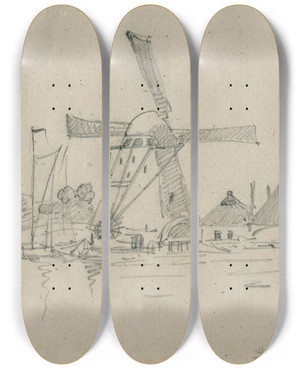 Triptych art skateboard deck of Floris Verster Mills And A Farmhouse On A Lake by Floris Verster (1861-1927)