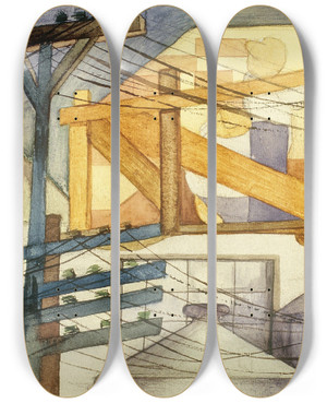 Triptych art skateboard deck of Fermn Revueltas Outdoor Scaffolding by Fermin Revueltas (1901-1935)