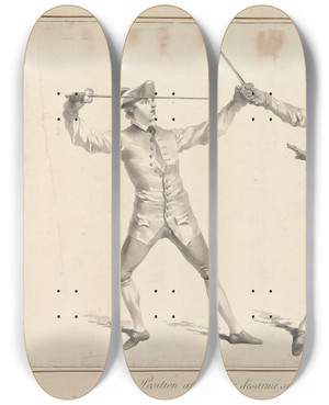 Triptych art skateboard deck of James Gwin Position Aprs Avoir Dsarm Sur Le Coup De Tierce by James Gwin (1720-1769)