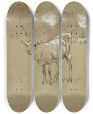 Triptych art skateboard deck of Winslow Homer Sheep Grazing In A Field by Winslow Homer (1836-1910)