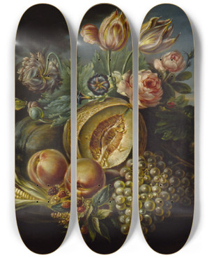 Triptych art skateboard deck of Cornelius De Beet Still Life With Fruit And Flowers by Cornelius De Beet (1779-1840)