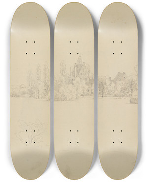 Triptych art skateboard deck of Johann Wilhelm Schirmer Der Quadenhof In Gerresheim Bei Dsseldorf by Johann Wilhelm Schirmer (1807-1863)